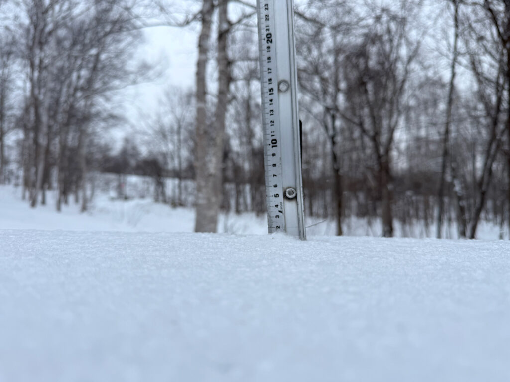 Snowfall measurement in Niseko showing 1 cm on December 16, 2025."
