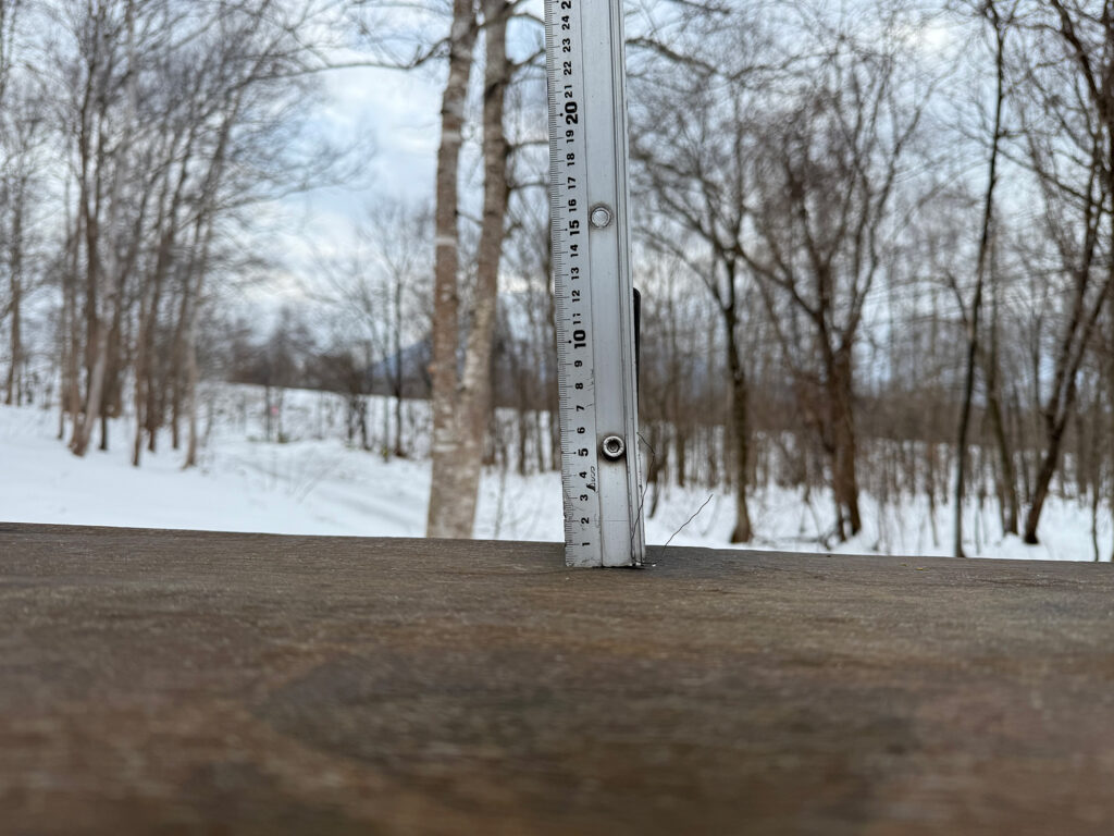 Snowfall measurement in Niseko showing 0 cm on December 20, 2025.